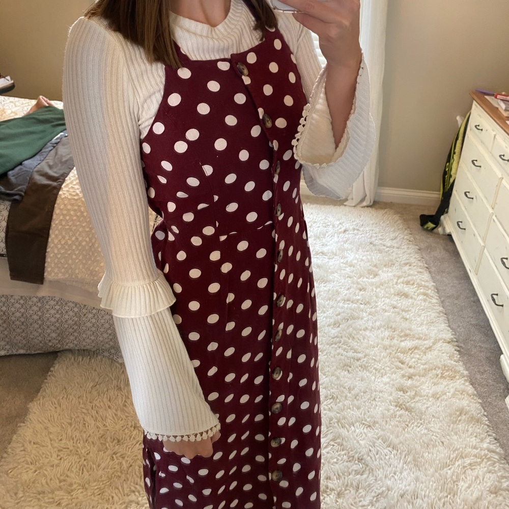 Red & White Polka Dot Dress with Slit & buttons - Picture 4 of 8